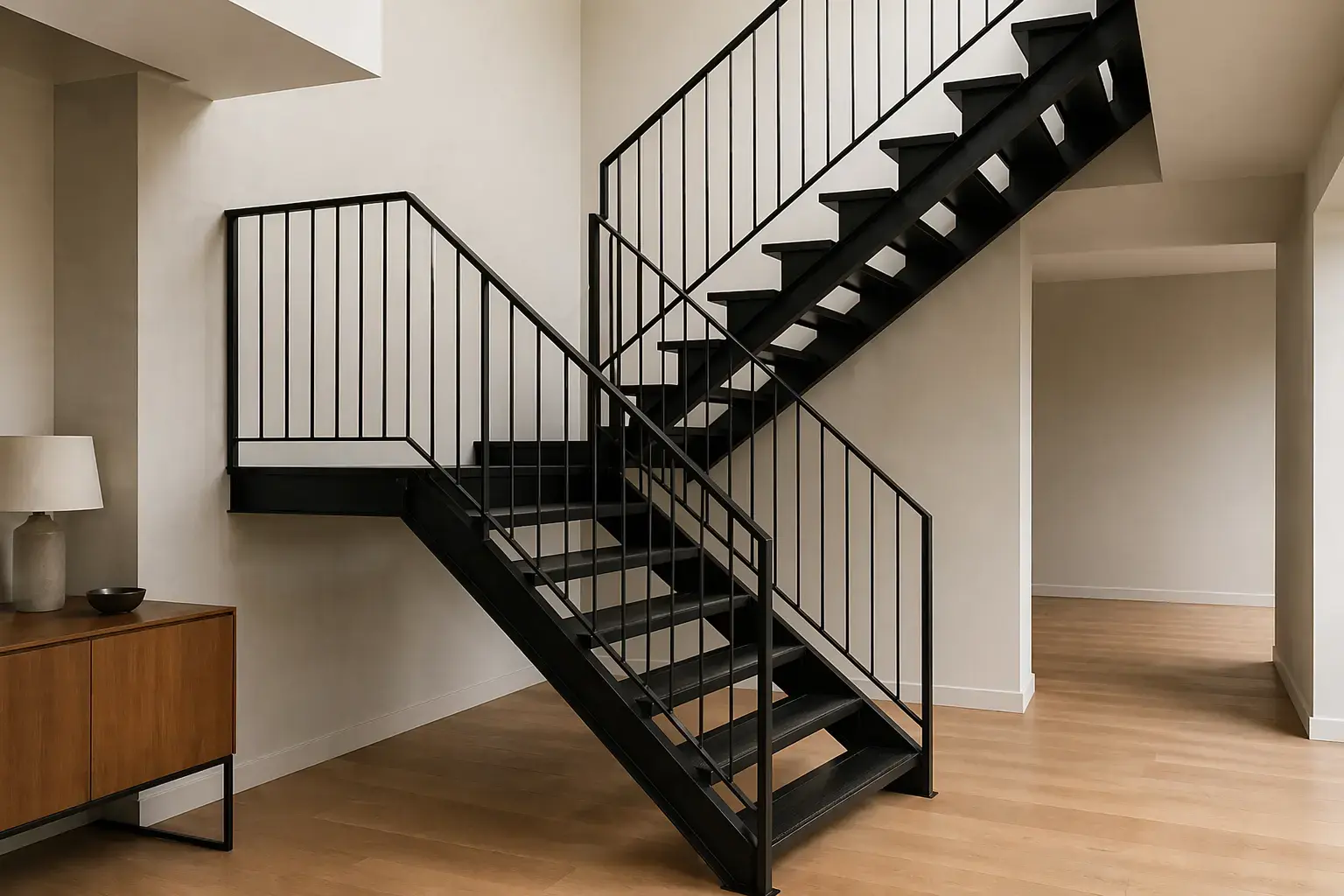 Escalera metálica de interior con estructura negra